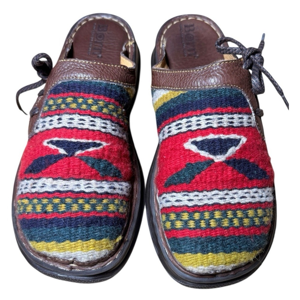 BORN Aztec Clog Mules Wool Leather Slip On Shoes Womens 10 Southwestern Boho‎